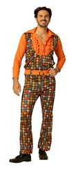 Swaggertown 70's Jumpsuit with Ruffled Shirt Costume, Orange, Teal & Brown, Men's Various Sizes