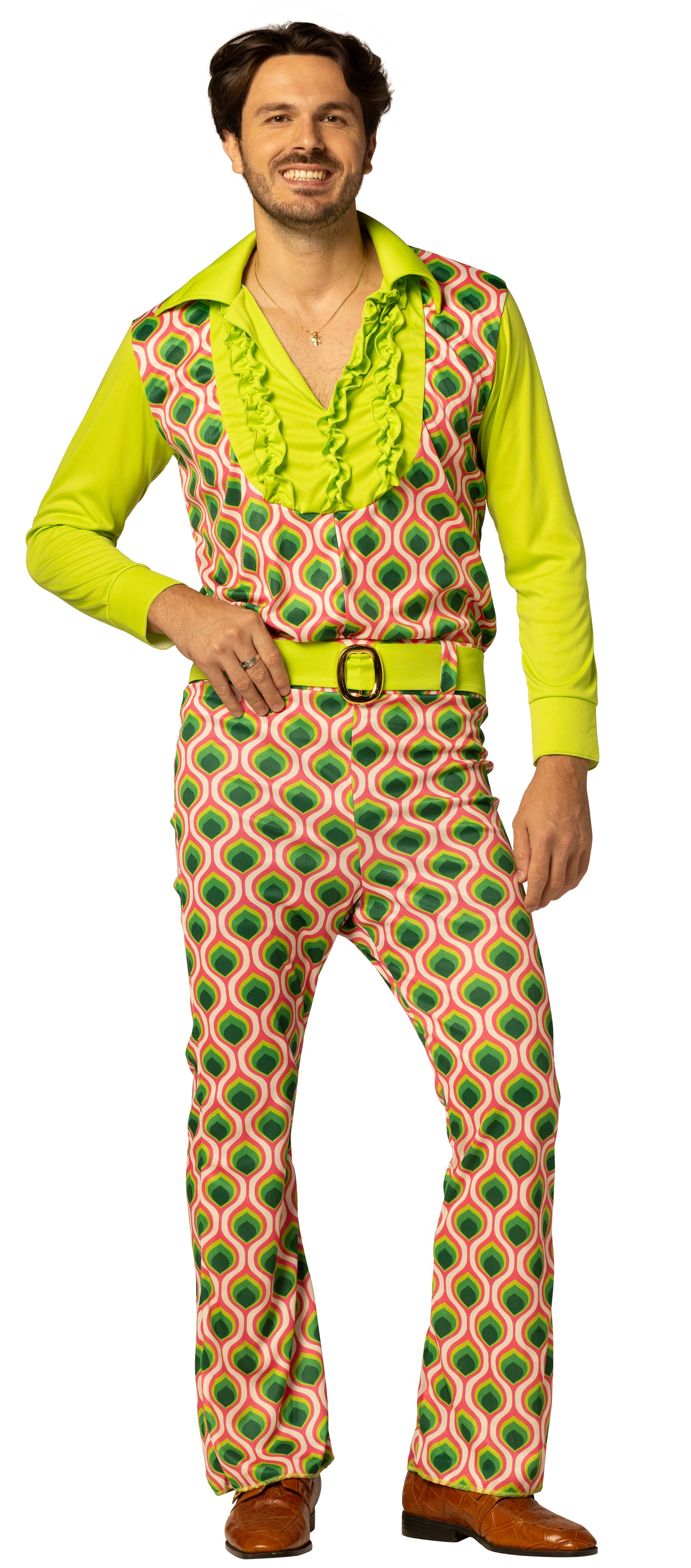 Swaggertown 70's Jumpsuit with Ruffled Shirt Costume, Green, Pink & White, Men's Various Sizes