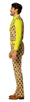 Swaggertown 70's Jumpsuit with Ruffled Shirt Costume, Green, Pink & White, Men's Various Sizes