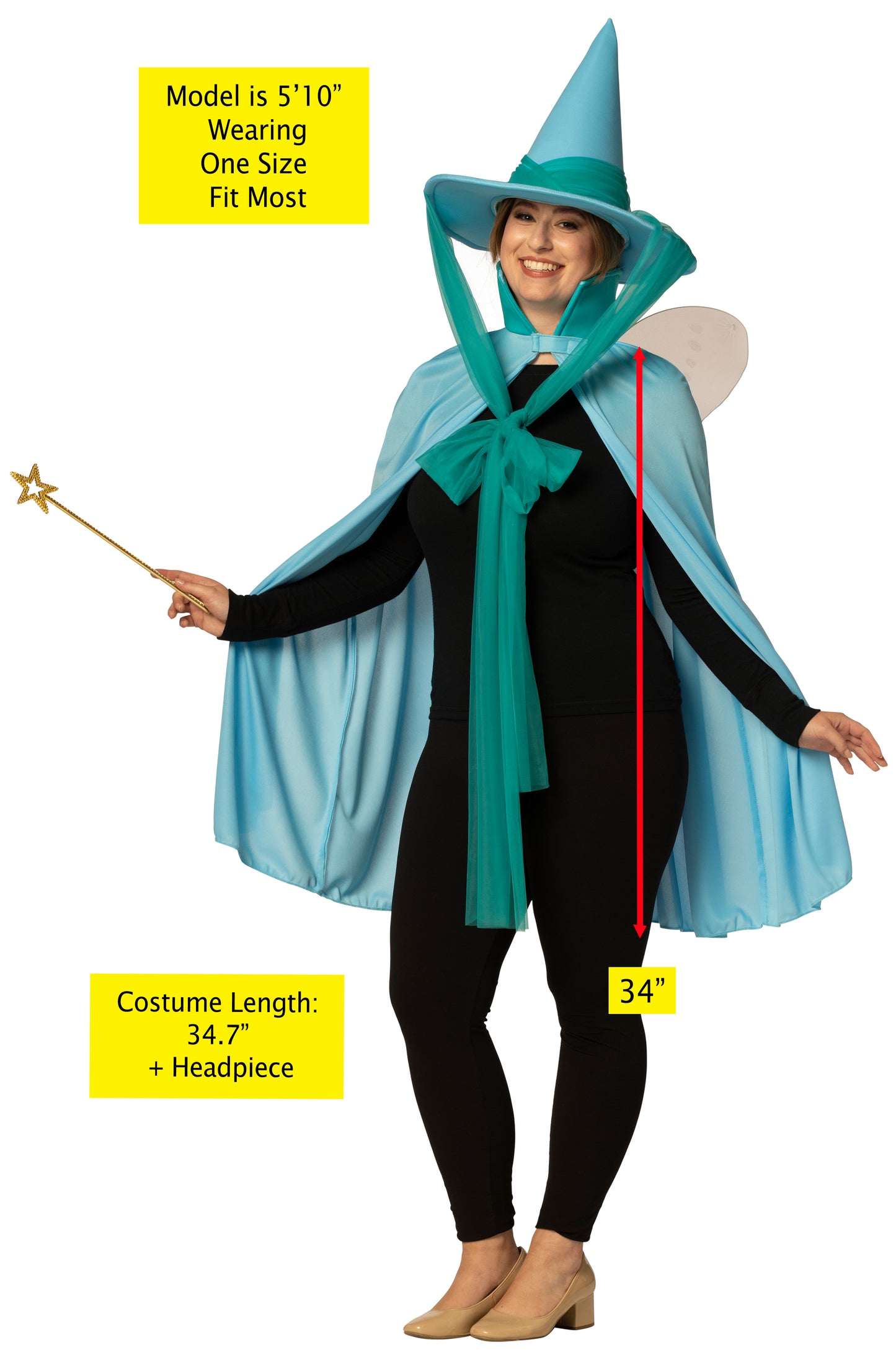 Fairy Godmother Hat, Cape, Wings & Wand, Blue Costume, One Size Fits Most