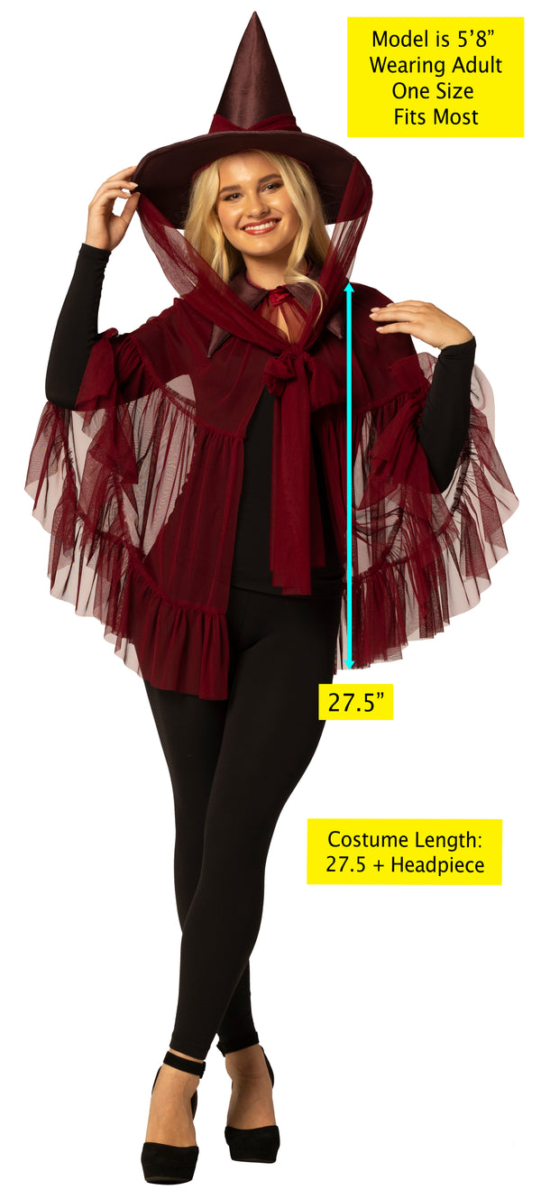 Witch Hat & Cape, Burgundy Costume, One Size Fits Most