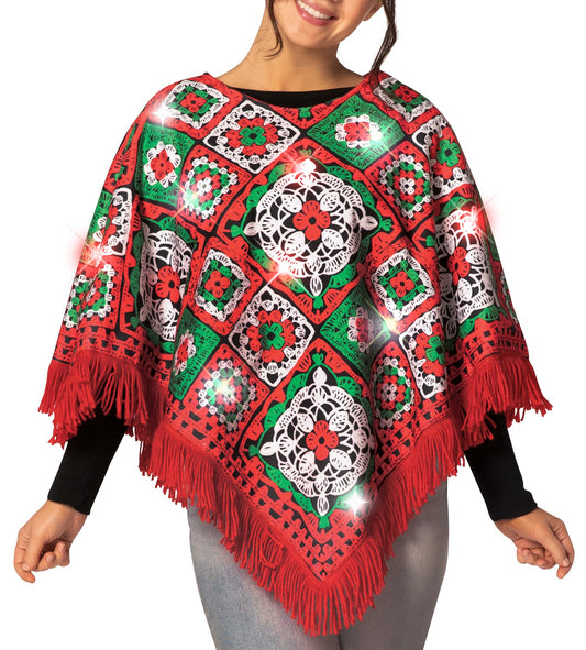 Red & Green Light Up Christmas Fringe Poncho Costume, Adult One Size