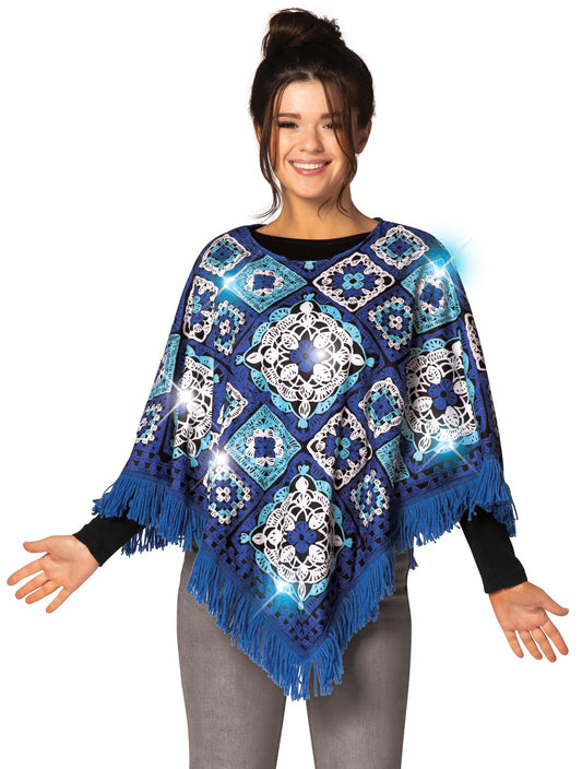 Blue & White Hanukkah Fringe Poncho with Lights Costume, Adult One Size
