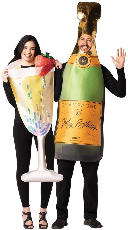 Champagne Bottle & Champagne Flute Glass Couple Halloween Costume, One Size