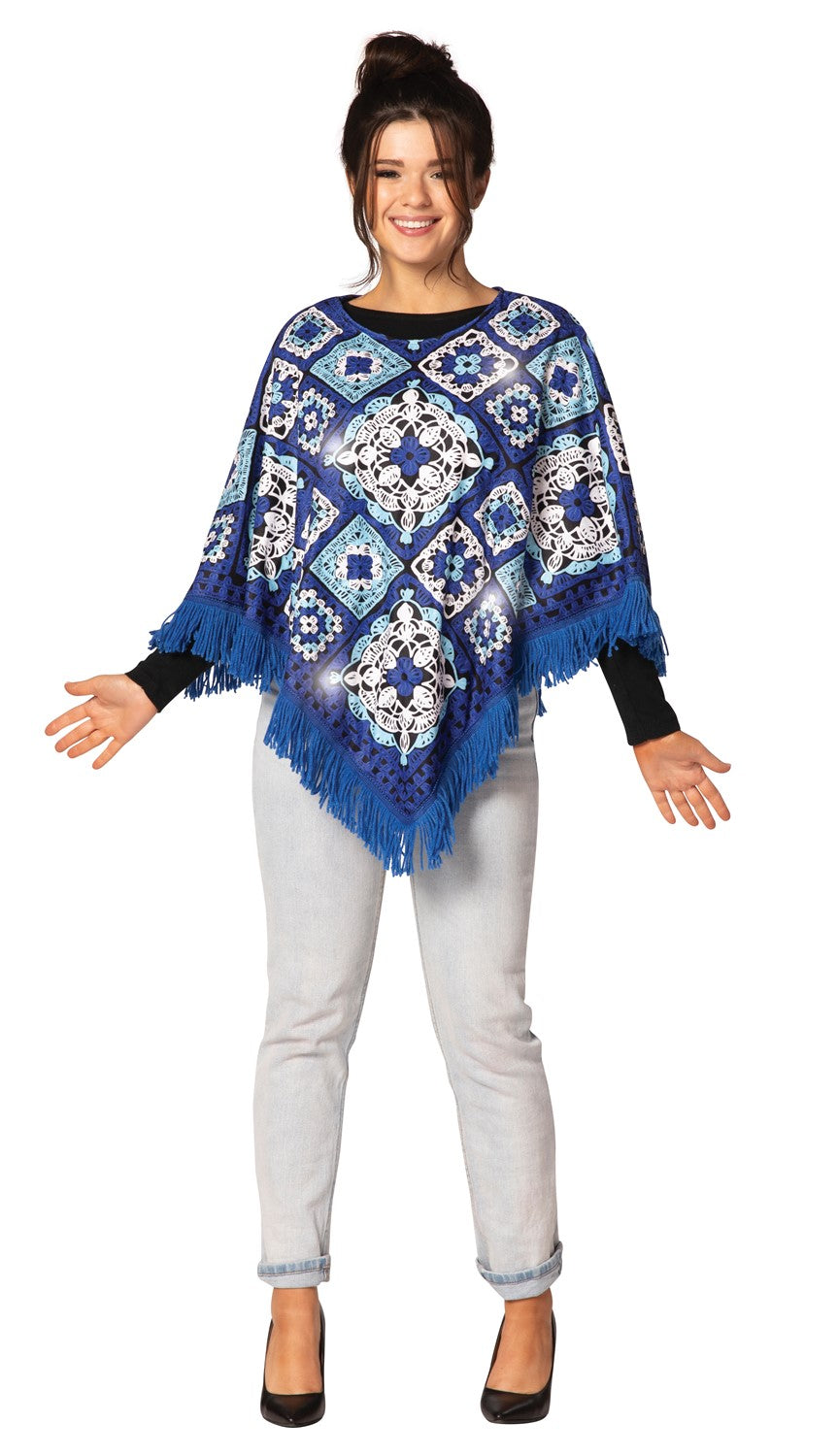 Blue & White Hanukkah Fringe Poncho with Lights Costume, Adult One Size