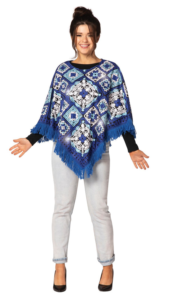 Blue & White Hanukkah Fringe Poncho with Lights Costume, Adult One Size