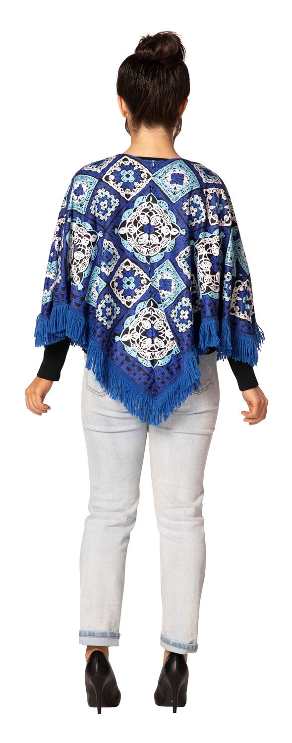 Blue & White Hanukkah Fringe Poncho with Lights Costume, Adult One Size
