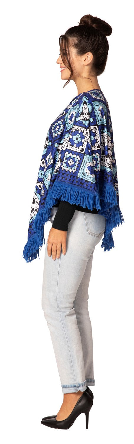 Blue & White Hanukkah Fringe Poncho with Lights Costume, Adult One Size