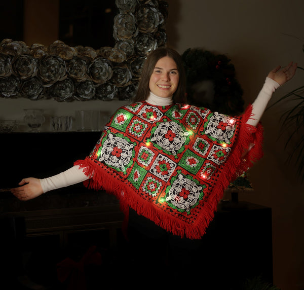 Red & Green Light Up Christmas Fringe Poncho Costume, Adult One Size