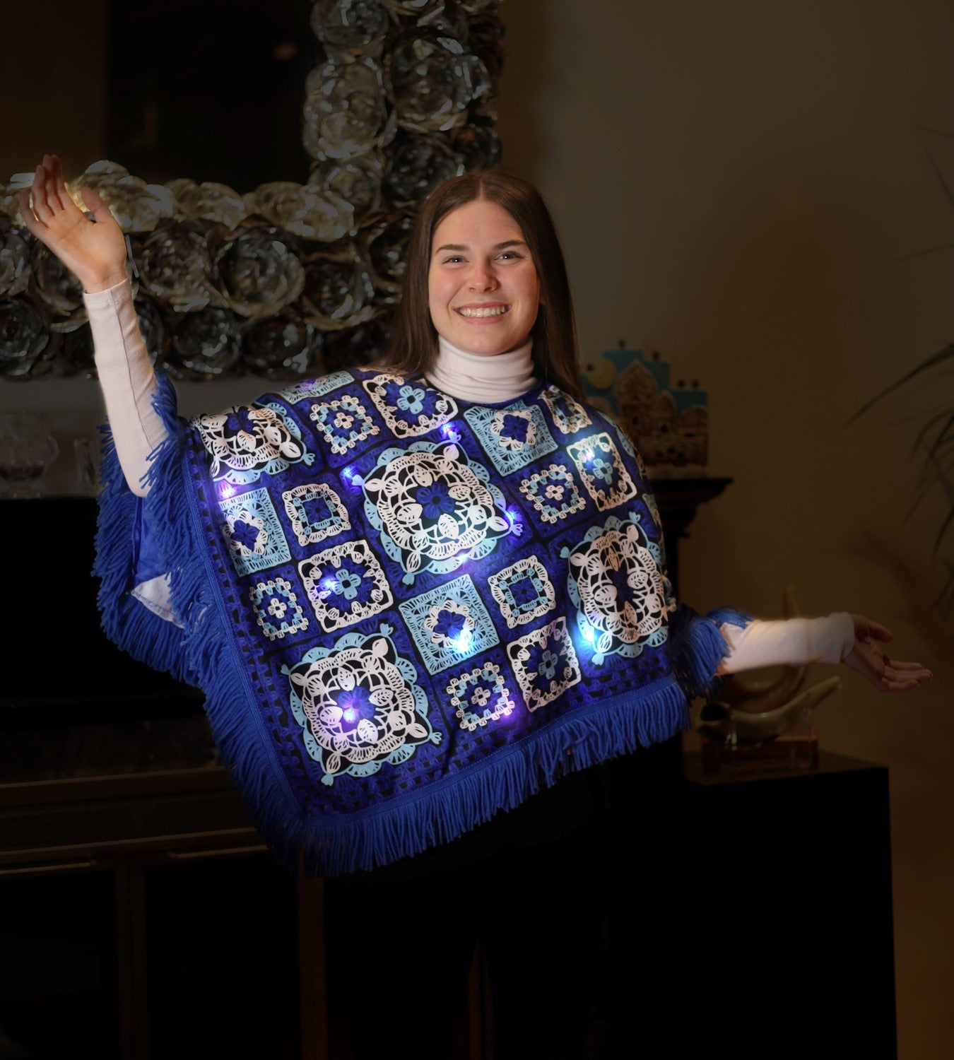 Blue & White Hanukkah Fringe Poncho with Lights Costume, Adult One Size