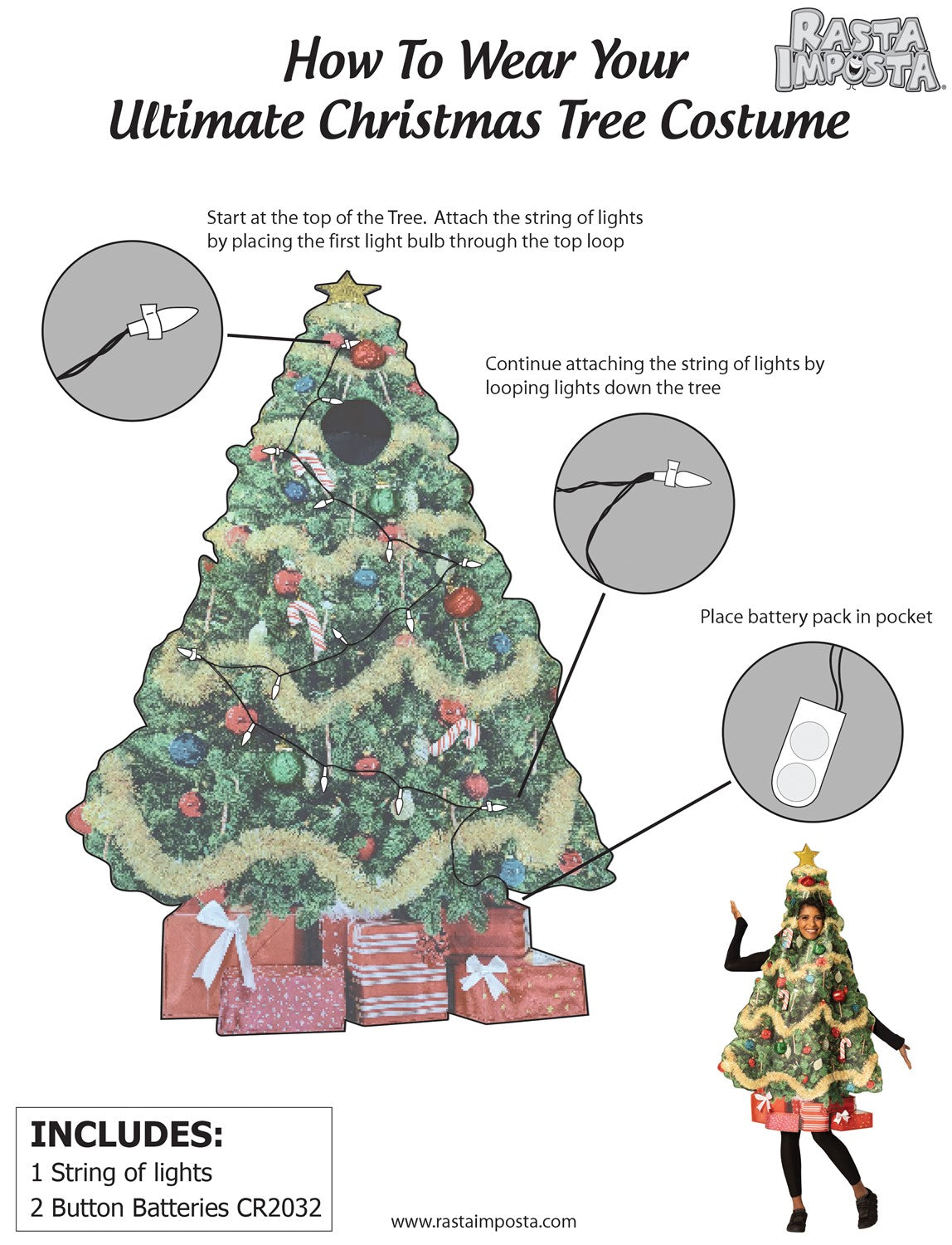 Ultimate Retro Christmas Tree Costume w. Battery Powered String of Lights, O/S